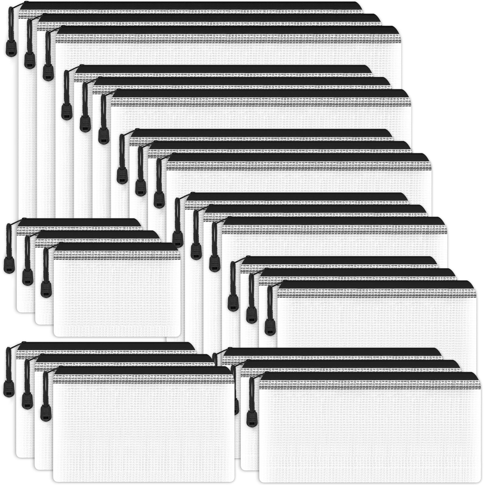 Smarpau Zip Plastic Wallets 24PCS, 8 Sizes Plastic Folders Mesh Zipper Bags, Mesh Document Bags Storage Pouches for School Supplies, Office, Travel and Home (Black)