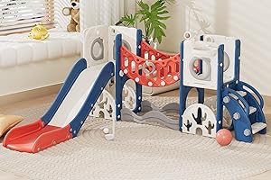 67I Toddler Playground Playset with Climbing Arch, Golf Set, Slide & Basketball Hoop - Outdoor Toys, Safe & Durable Plastic Garden Equipment​ (Red, Without Swing)