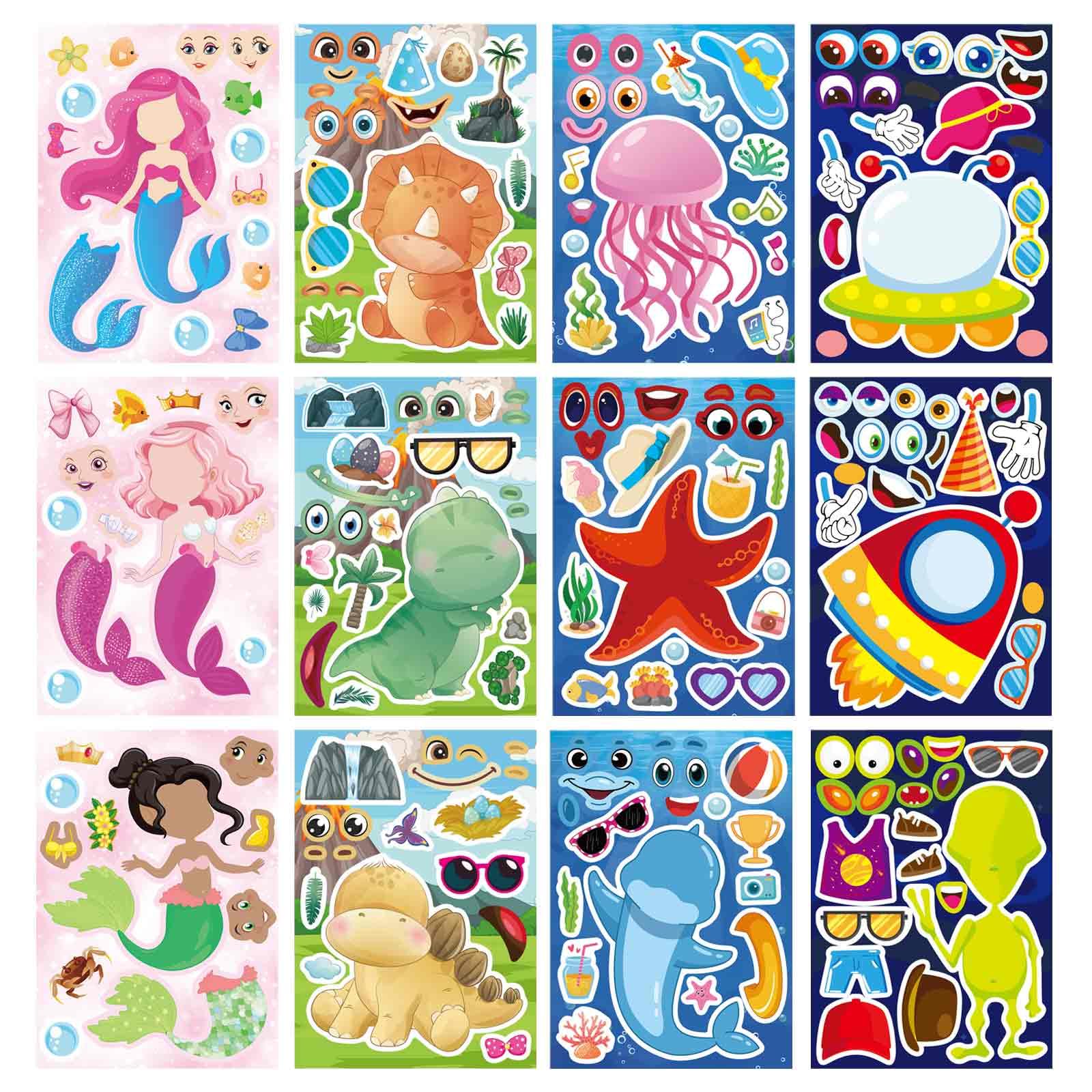 Photo 1 of DUJAA 24 PCS Make a Face Stickers for Kids Toddlers, Mix and Match Mermaid, Dinosaur, Sea Animal and Space Stickers, Vinyl, Glossy, Multicolor, Waterproof, Cartoon, Animal Theme