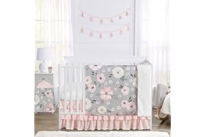 Sweet Jojo Designs Grey Watercolor Floral Baby Girl Nursery Crib Bedding Set - 4 Pieces - Blush Pink Gray and White Shabby Chic Rose Flower Polka Dot Farmhouse
