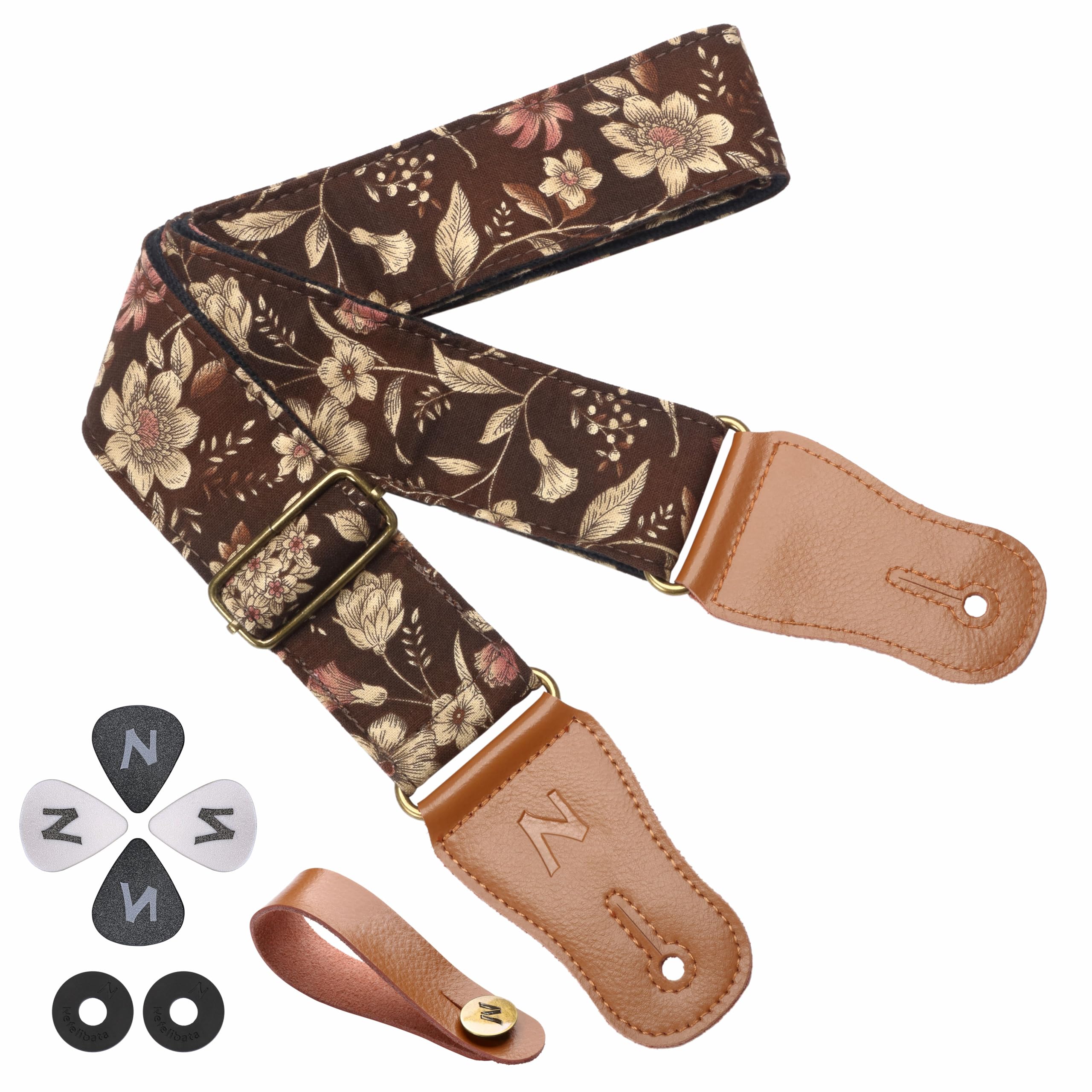 Nefelibata Guitar Strap,Japan Hot-Bronzing Cotton Acoustic Guitars Straps with Genuine Leather Ends for Electric Guitar,Bass & Ukulele. Include Straps Button,Guitar Picks and Strap Locks (JTBD-JCS88)