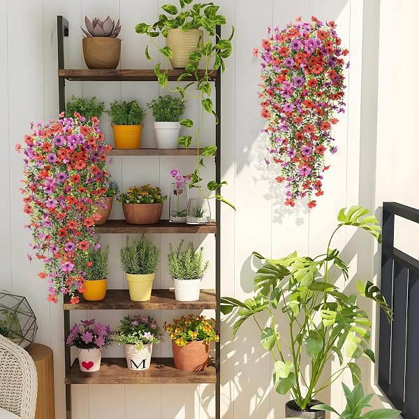 ZFPROCESS ARTIFICIAL HANGING FLOWERS PLANTS FOR OUTDOOR SPRING SUMMER DECORATION,2PCS FAUX SILK DAISY UV RESISTANT LOOK REAL FOR OUTSIDE HOME INDOOR PLANTER PORCH WINDOW YARD DECOR(RED PURPLE)