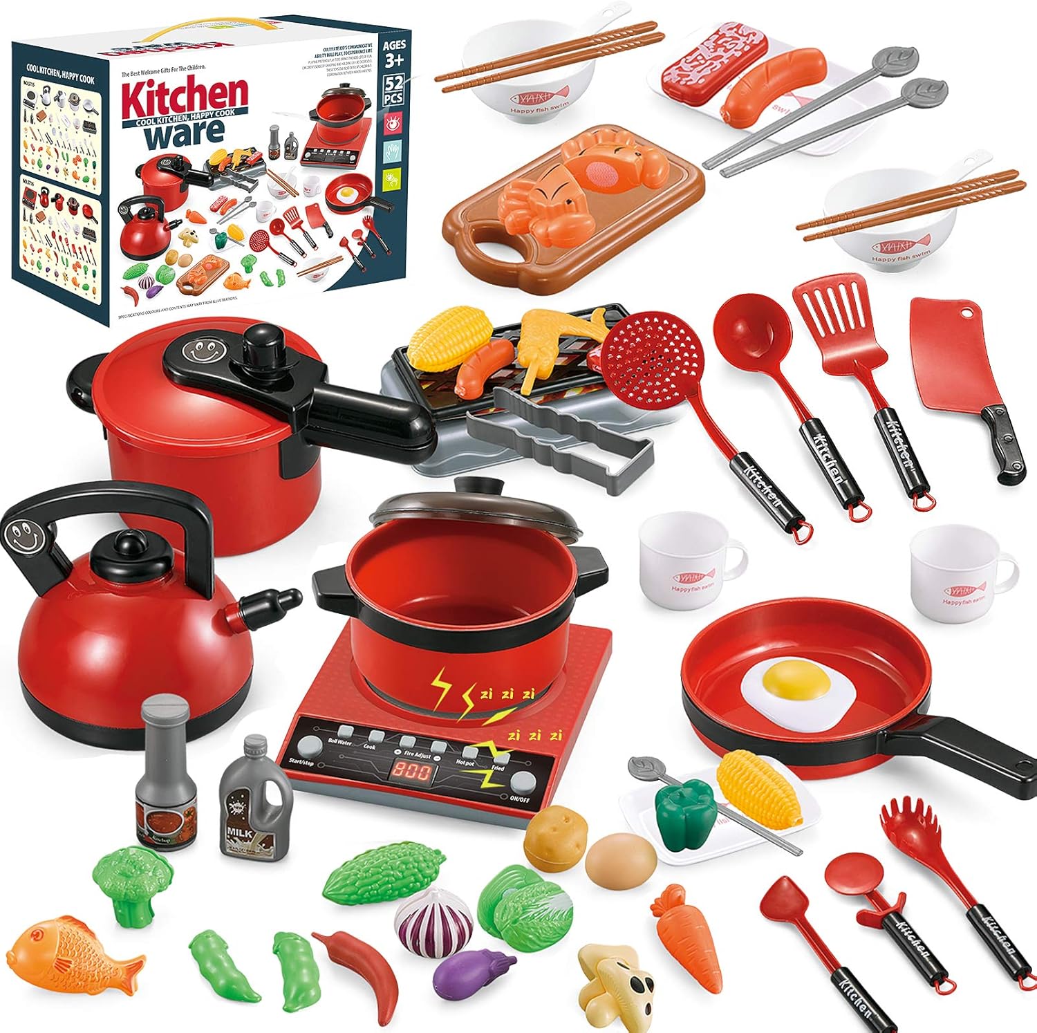 Kids Pretend Play Kitchen Toys Kitchen Cooking Set with Cookware Pots and Pans Set, Cutting Food,Kitchen Utensils, Induction Cooker w/ Sound&Light, Toy Kitchen Accessories Playset for Girls Toddlers.