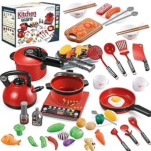 Kids Pretend Play Kitchen Toys Kitchen Cooking Set with Cookware Pots and Pans Set, Cutting Food,Kitchen Utensils, Induction Cooker w/ Sound&Light, Toy Kitchen Accessories Playset for Girls Toddlers.