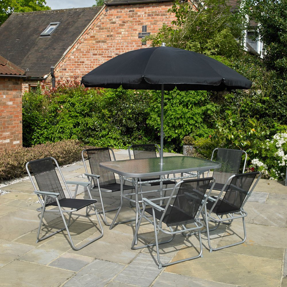garden table 6 chairs and parasol