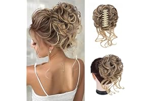 Foaoit Large Messy Bun Hair Pieces for Women Wavy Curly Fake Hair Bun Extensions Ponytail Hairpieces for Updo Natural Synthetic Claw Clip Bun Hair Accessories Light Brown mix Blonde