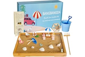 BANGBANGDA Desktop Miniature Beach Zen Garden - Mini Home Office Tabletop Sandbox Bamboo Rakes Stamps Tray Tool Accessories Kit Meditation Relaxation Decor - Stress Relief Therapy Gifts Kids Adult Father Mother