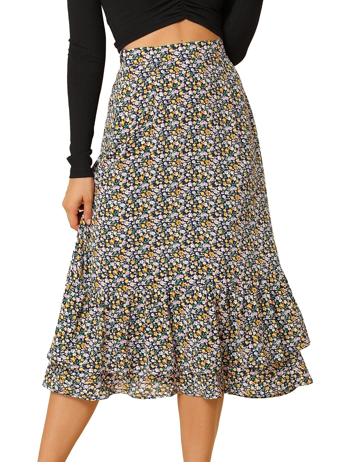 Buy Allegra K Women's Printed Skirt Chiffon Elastic Waist Ruffle Tiered Flowy Midi Skirts, Dark