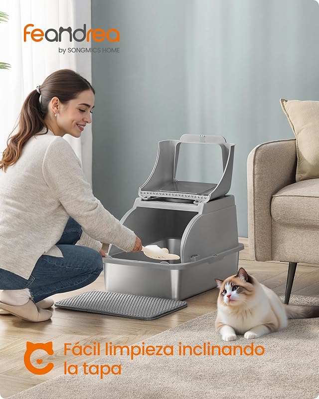 Areia para gatos, aço inoxidável para gatos com tampa rebatível, cinzento-pomba