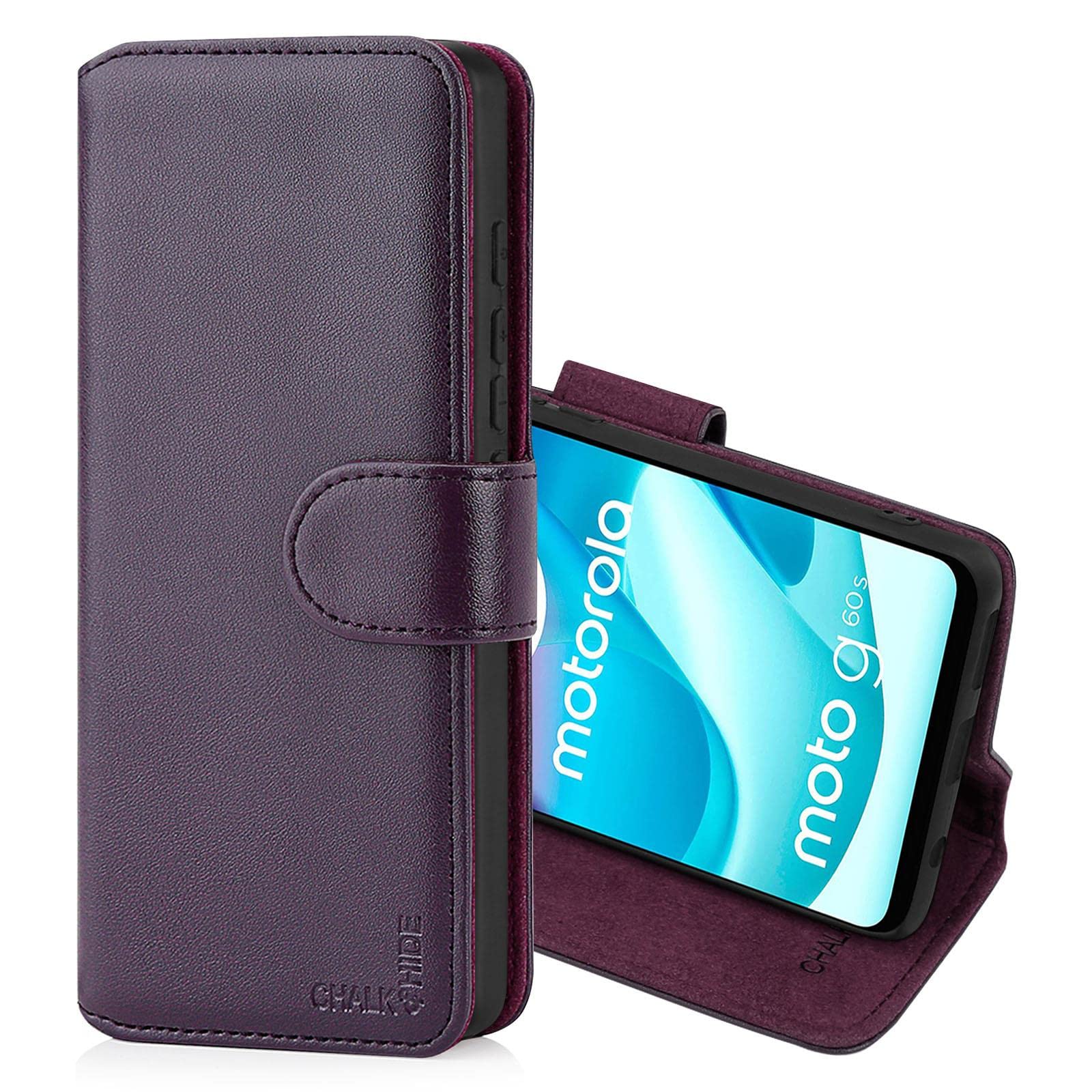 CHALK & HIDE - Real Leather Book Wallet Flip Case Cover For Motorola Moto G60S, Real Leather Design With Card Slot, Magnetic Closure and Built In Stand - Aubergine