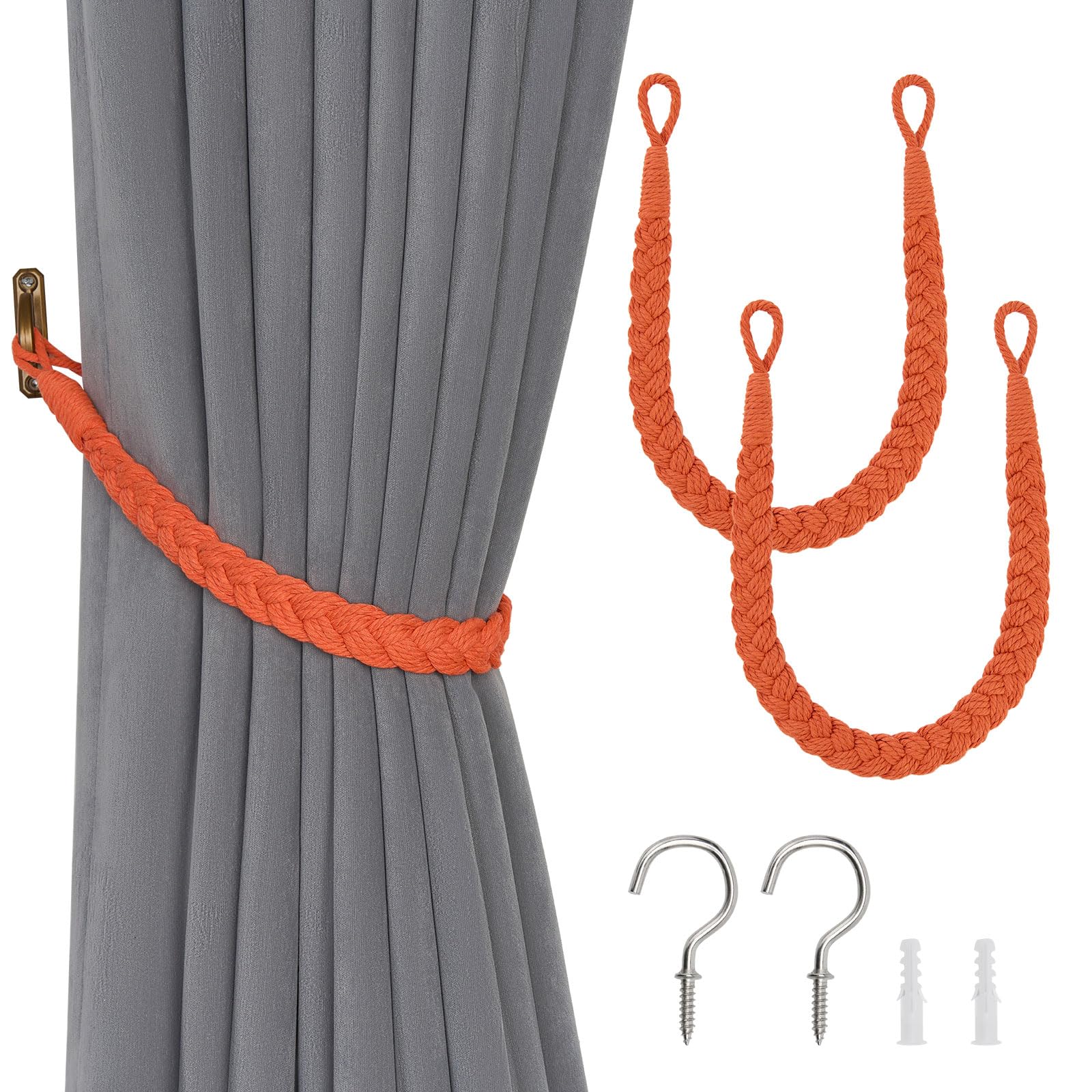 Pretty Jolly 2 Pack Natural Cotton Rope Curtain Tiebacks Elegant Boho Style Decorative Drape Tie Backs Soft Hand-Woven Rope Curtain Holdbacks with Metal Hook for Home & Office Drapery (Orange)