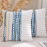 Tosleo Boho Chenille Tufted Couch Throw Pillow Covers 18x18 Inch Set of 2 Farmhouse Sky Blue Striped Decorative Pillow Covers Accent Neutral Square Pillowcase Textured Cushion Covers