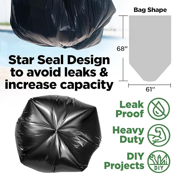 TOUGHBAG 95-96 GALLON EXTRA-LARGE TRASH BAGS, 61X68” BLACK GARBAGE BAGS, 1.2 MIL THICK (25 COUNT), HEAVY-DUTY OUTDOOR 95 GALLON TRASH BAGS – FOR STORAGE, CUSTODIAL, LANDSCAPE – MADE IN USA