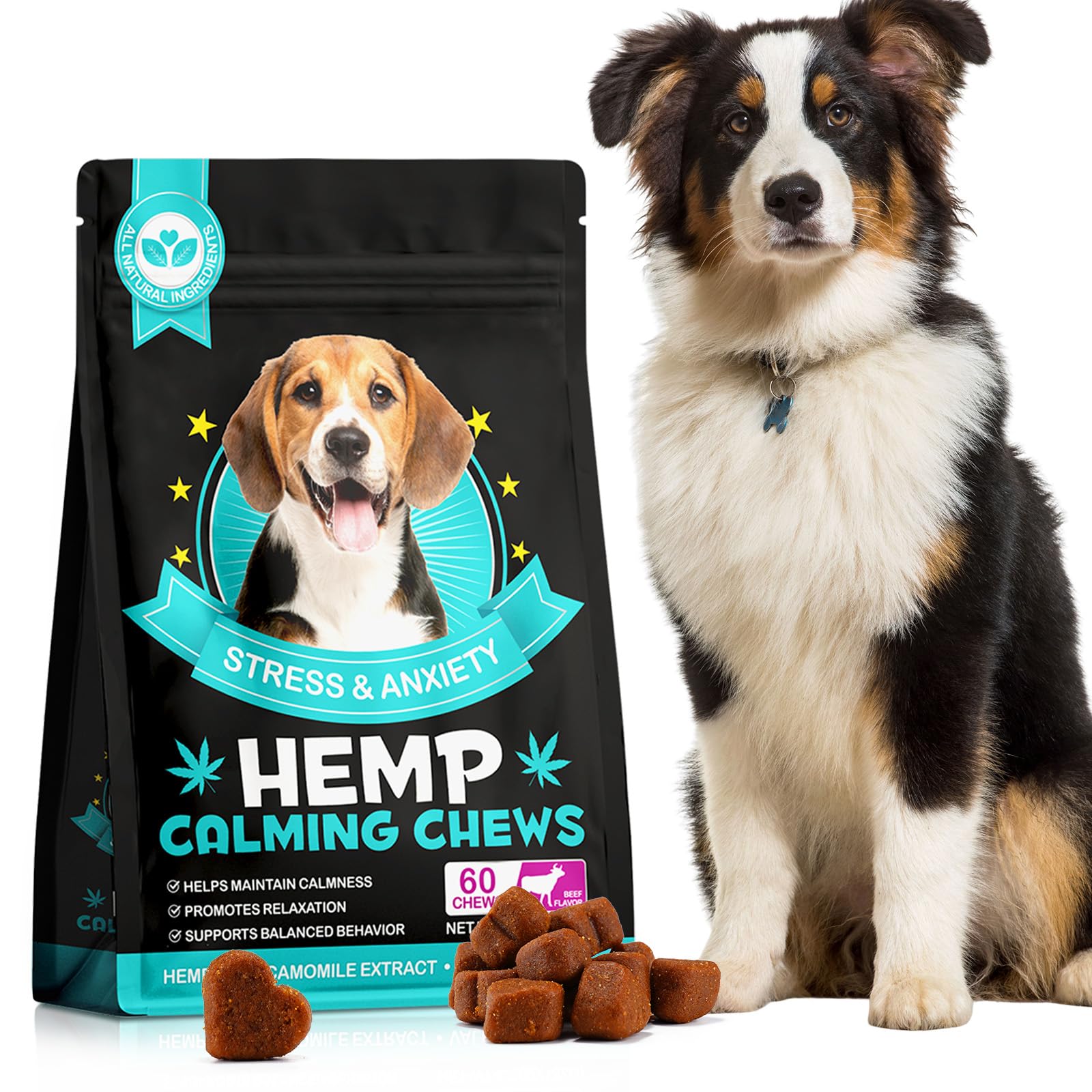 Uocasi Calming Treats for Dogs, Dog Calming Chews & Supplement, Help with Anxiety Separation, Travel Issues, Reactivity, Barking, Stress Relief, Hyperactivity, Aggression (Beef_60 Chewable)