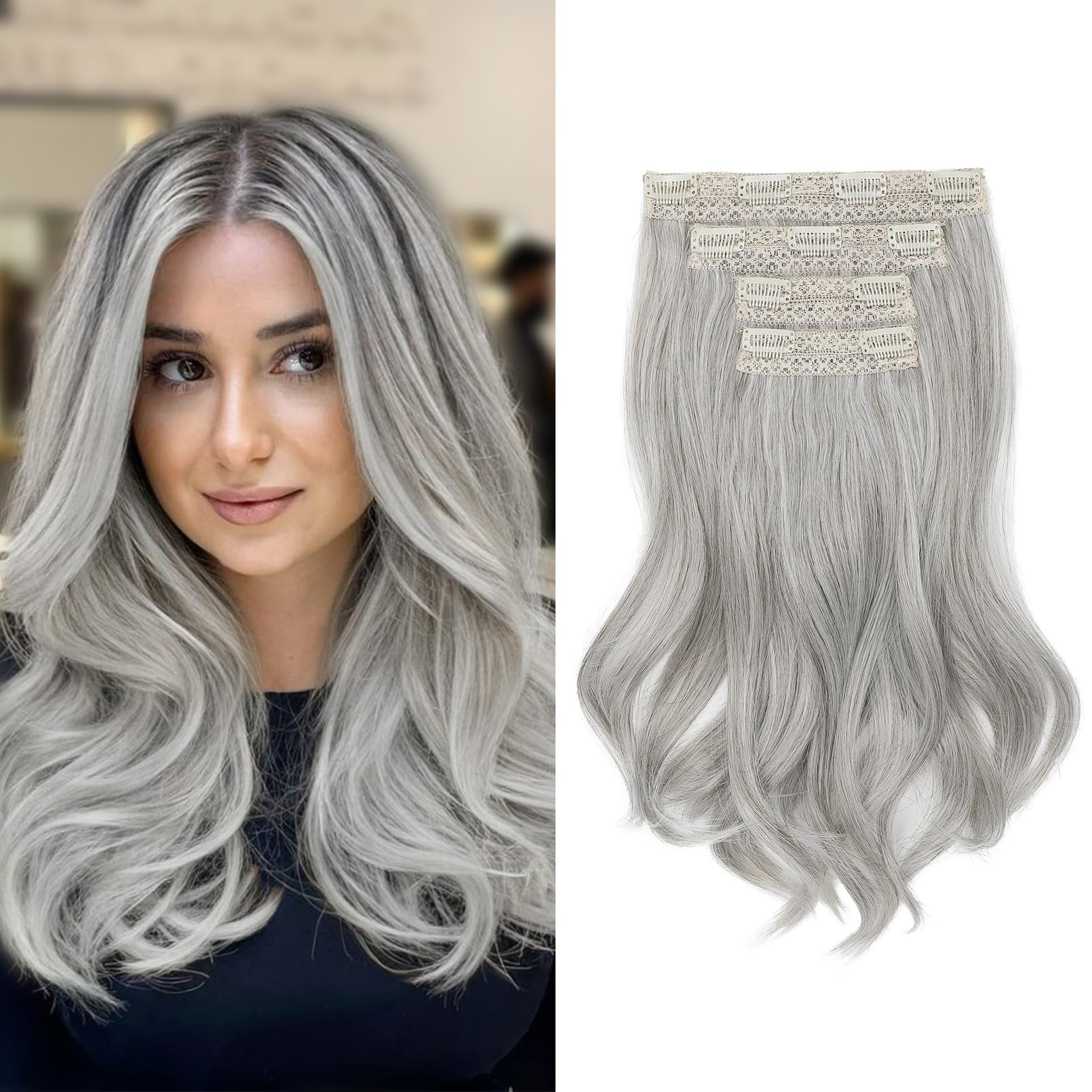 NTYNTY Clip in Hair Extensionss, 4PCS Hair Extensions 14" Short Layered Cut Hair Extensions Invisible Lace Weft Natural Soft Hairpieces for Women - Silver Grey
