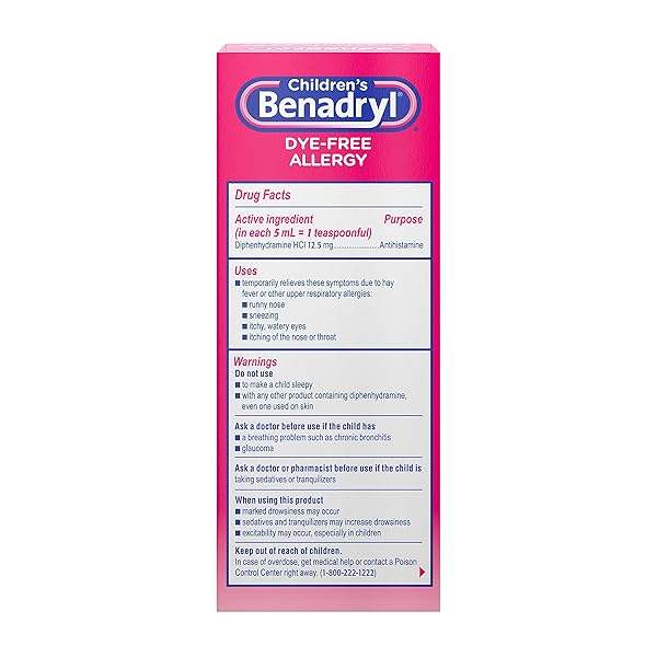CHILDREN’S BENADRYL DYE-FREE ALLERGY RELIEF LIQUID + 12.5 MG DIPHENHYDRAMINE HCL, ANTIHISTAMINE ALLERGY MEDICINE FOR KIDS HELPS RELIEVE RUNNY NOSE & SNEEZING, BUBBLE GUM FLAVOR, 4 FL. OZ