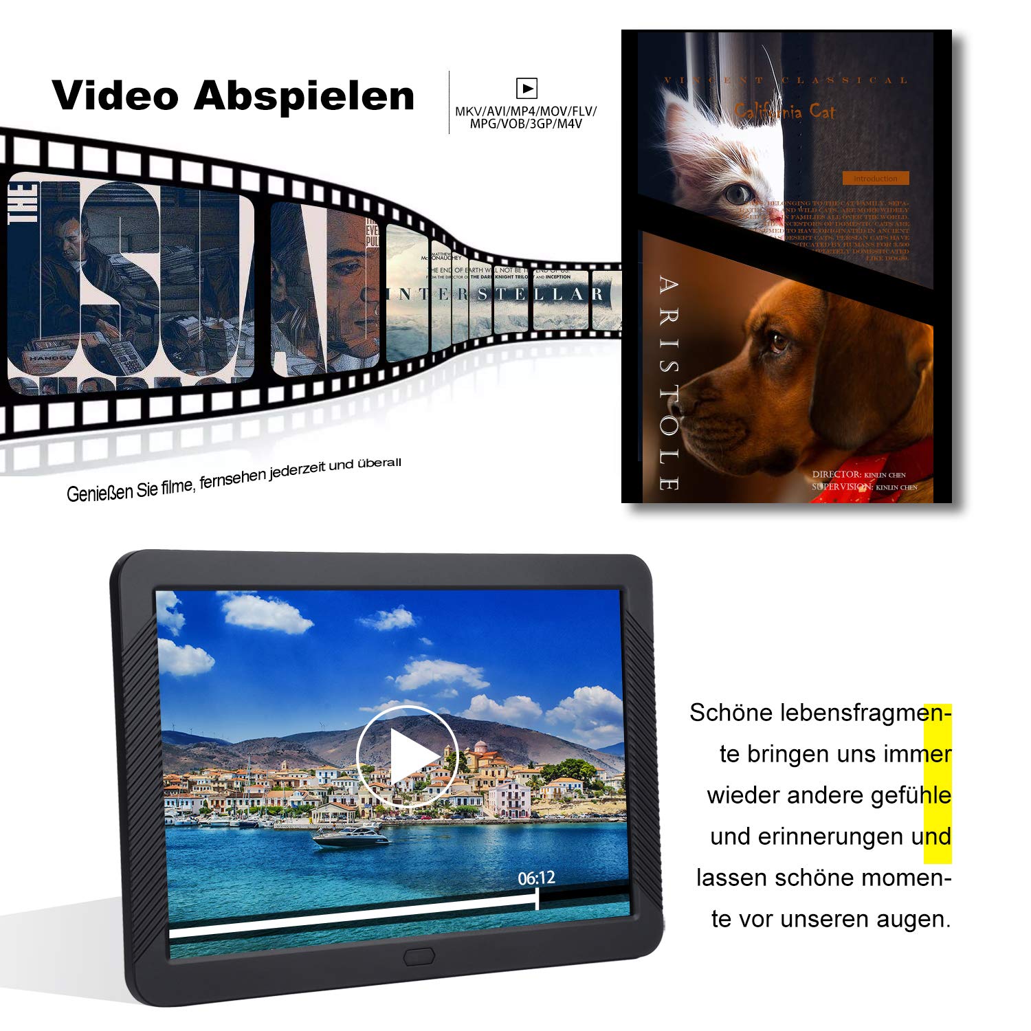 Digitaler Bilderrahmen 8 Zoll 1920 * 1080 Elektronischer Bilderrahmen Cofunkool HD IPS Display mit Foto Video Music Kalender Alarm Auto on/Off Timer unterstützt USB SD-Karte IR-Fernbedienung(Schwarz)