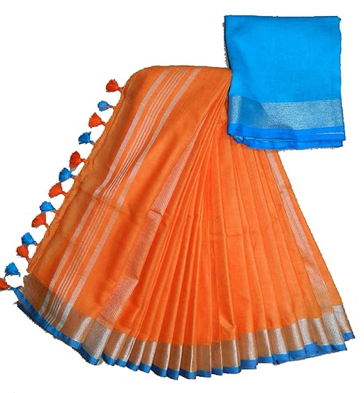 Women's Attractive Linen Slub Saree with Contrast Blouse (Orange Sky Blue)