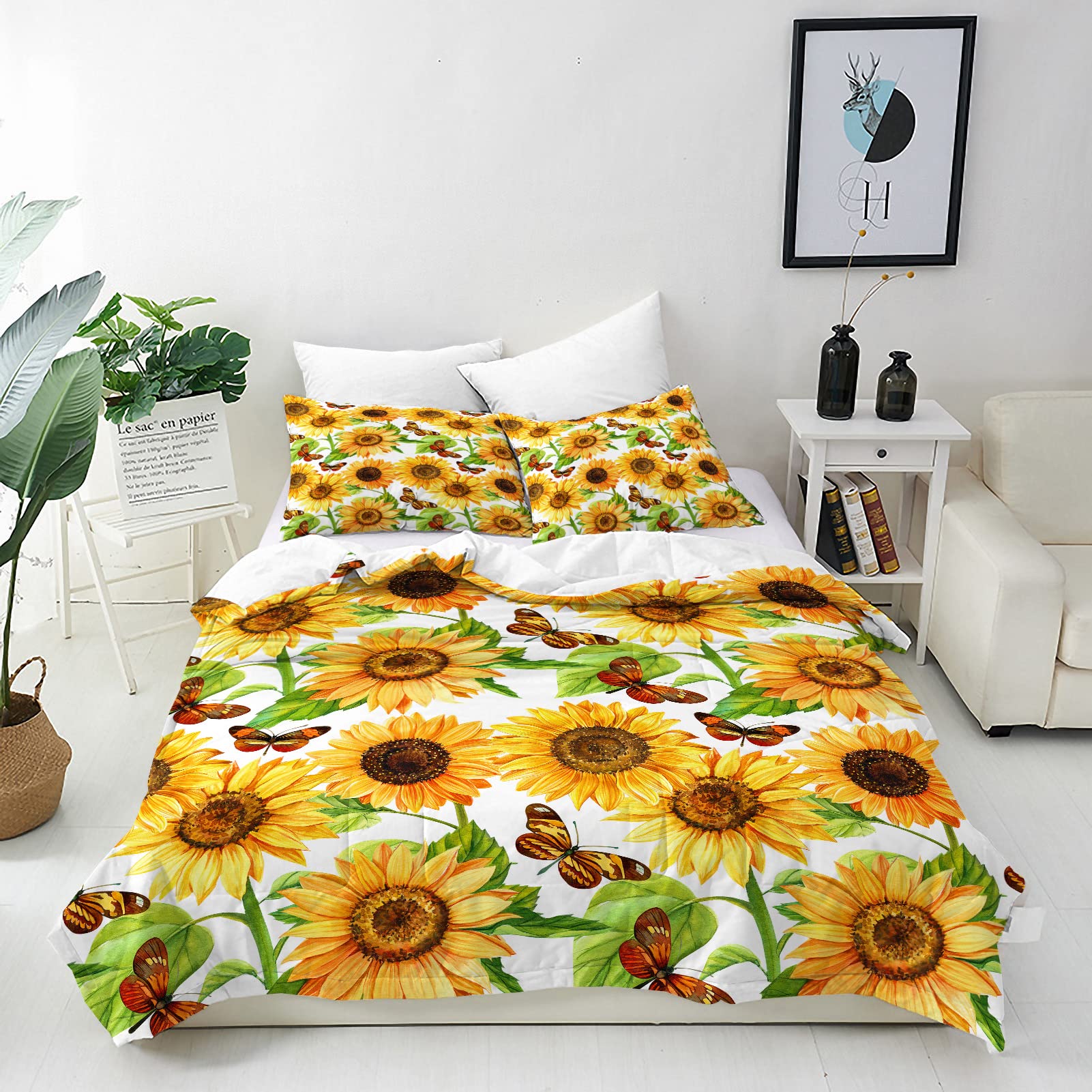ANHOPE Sunflower Duvet Cover Set Soft Comforter Cover Watercolor Floral Butterfly Print Pattern 3 Piece Bedding Set with Pillowcase All Season Quilt Cover with Zipper for Kids Adults Single