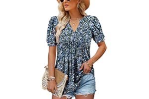 ROSELINLIN Womens Short Sleeve Shirts Loose Summer Floral Tunic Tops