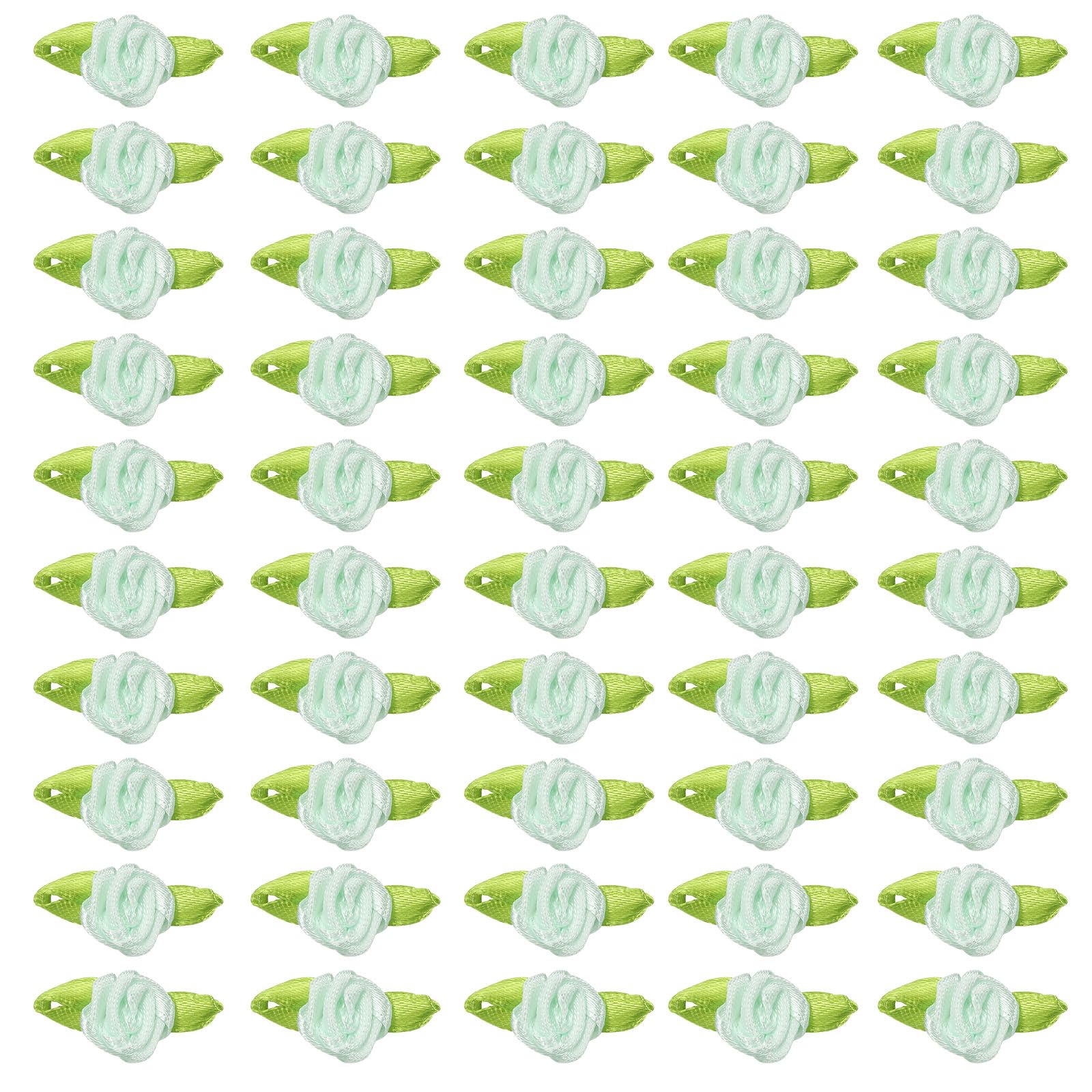 PATIKIL 15mm Tiny Satin Ribbon Rose, 100 Pcs Fabric Flowers Embellishments Rosettes Applique with Green Leaves for DIY Crafts Wedding Decor, Light Green