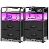 Huuger Nightstands Set of 2, Night Stand with LED Lights, Charging Station | USB-C Ports, 2 Fabric Drawers Bedside Table, Open Shelf, 2-Way Power Panel Install, End Table for Bedroom, Black