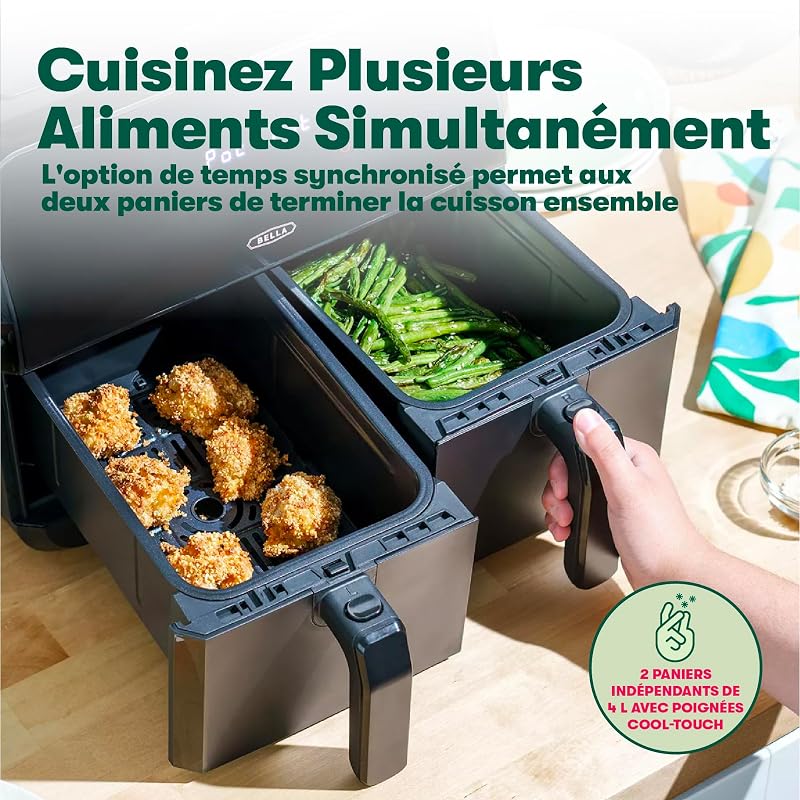 Friteuse à air à panier double 8.0 QT, Multifonction 5-en-1 avec Plateau et Panier Antiadhésifs Amovibles et Lavables au Lave-vaisselle, 2850 Watts, Noir Mat