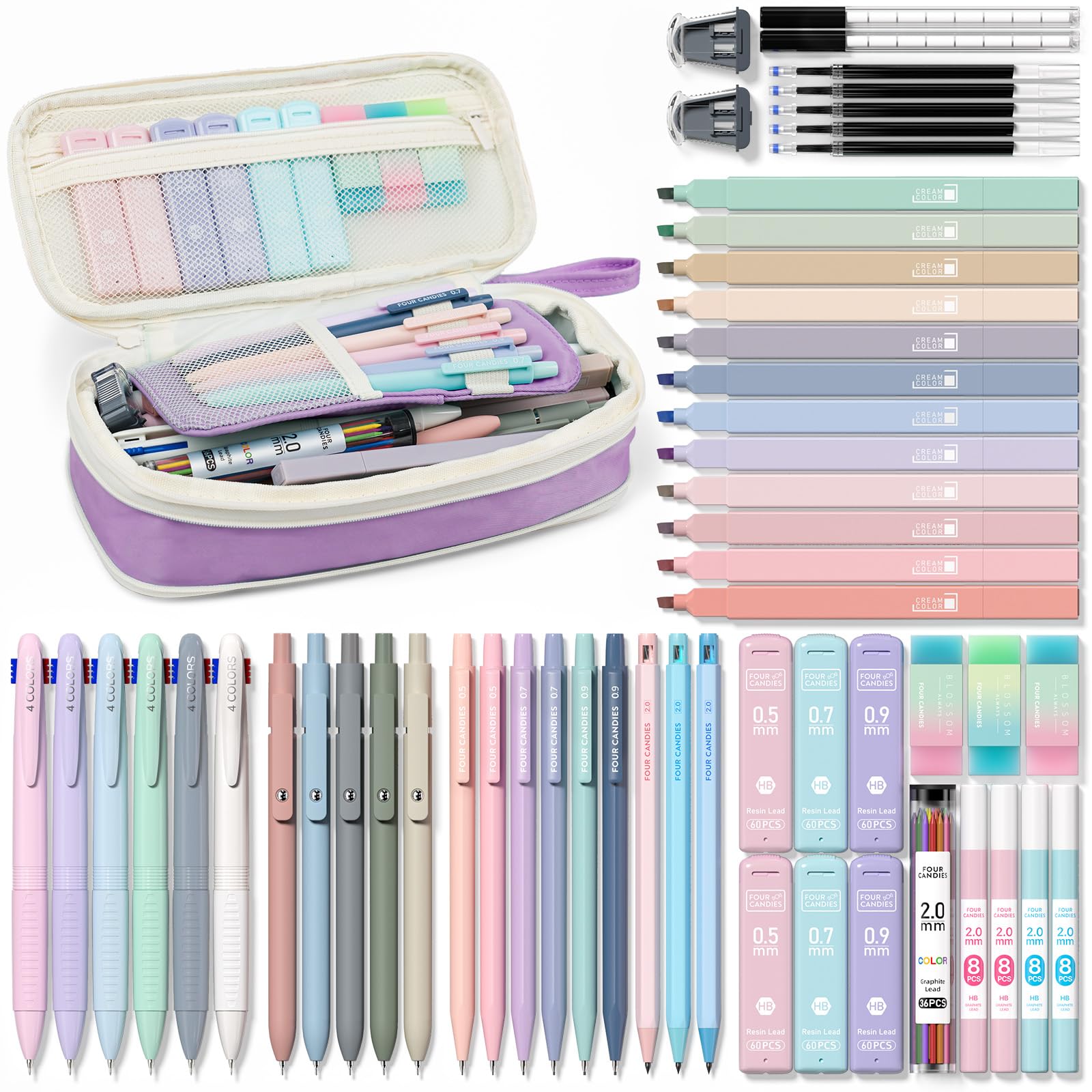 Photo 1 of Four Candies 56 PCS Aesthetic School Supplies with Pencil Case, 6 Multicolor Pen, 12 Pastel Highlighters, 5 Gel Pens Black Ink, 9 Mechanical Pencils for Student Stationary Set Preppy Stuff (Purple)