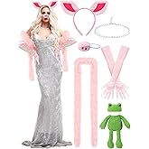Aurelema 6 Pcs Pig Costume Accessories Set Pink Pig Ears Headband, Snout, Pearl Necklace, Elbow Length Satin Gloves, Feather Boas and Plush Frog Doll for Women Dancing Wedding Party Halloween Cosplay