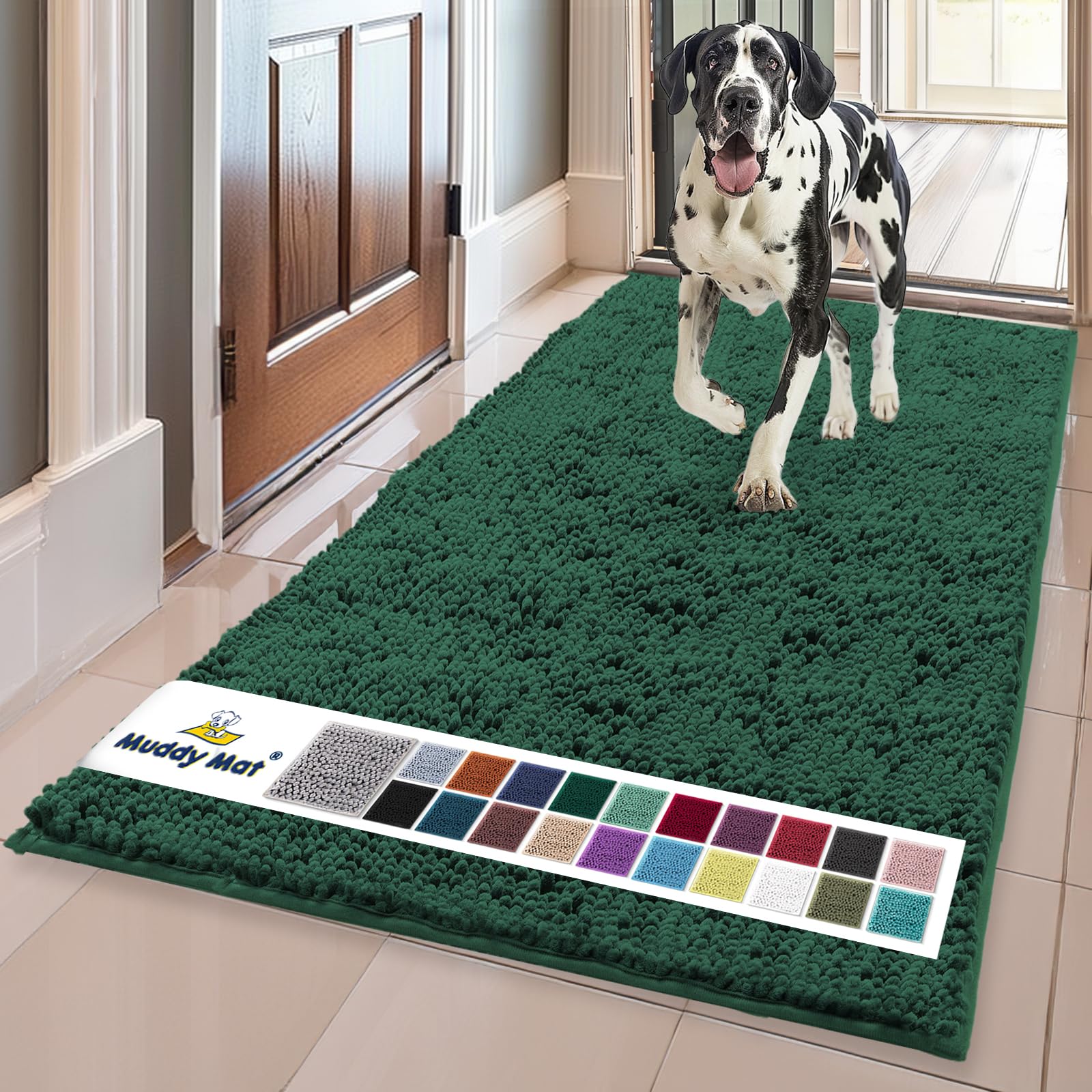 Muddy Mat® | Super Absorbent Door Mat Indoor, Microfiber Quick Dry Chenille Entryway Rug, Non-Slip Front Door Mat, Indoor Mats for Entryway, Machine Washable Pet Rug,Dark Green Runner 24"X60"