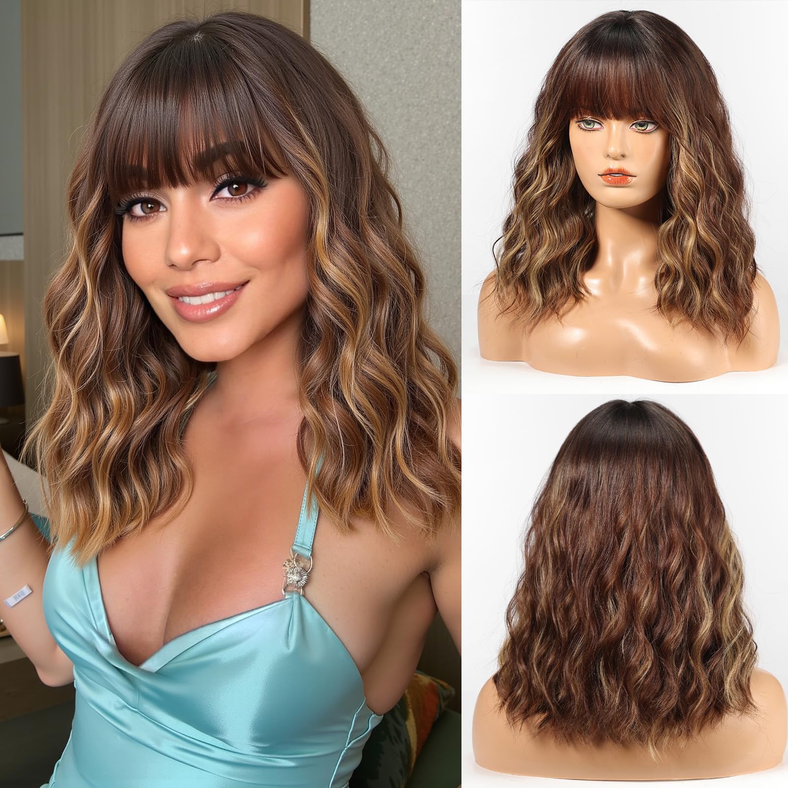 WOKESTAR Bob Wigs With Neat Fringe, Wavy Synthetic Wigs for Women Mixed Brown with Highlights Color