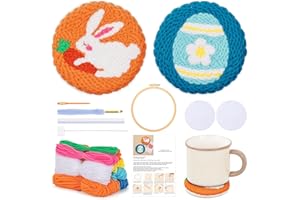 JSRQT 2Pcs Easter Punch Needle Coasters Kit, Punch Needle Starters Kit for Beginners with Bunny Egg Pattern, DIY Handmade Cro