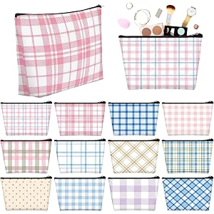 Sweetude 12 Pcs Pastel Plaid Makeup Bag Bulk Buffalo Plaid Portable Travel Cosmetic Bag with Zipper Preppy Checkered Waterpro