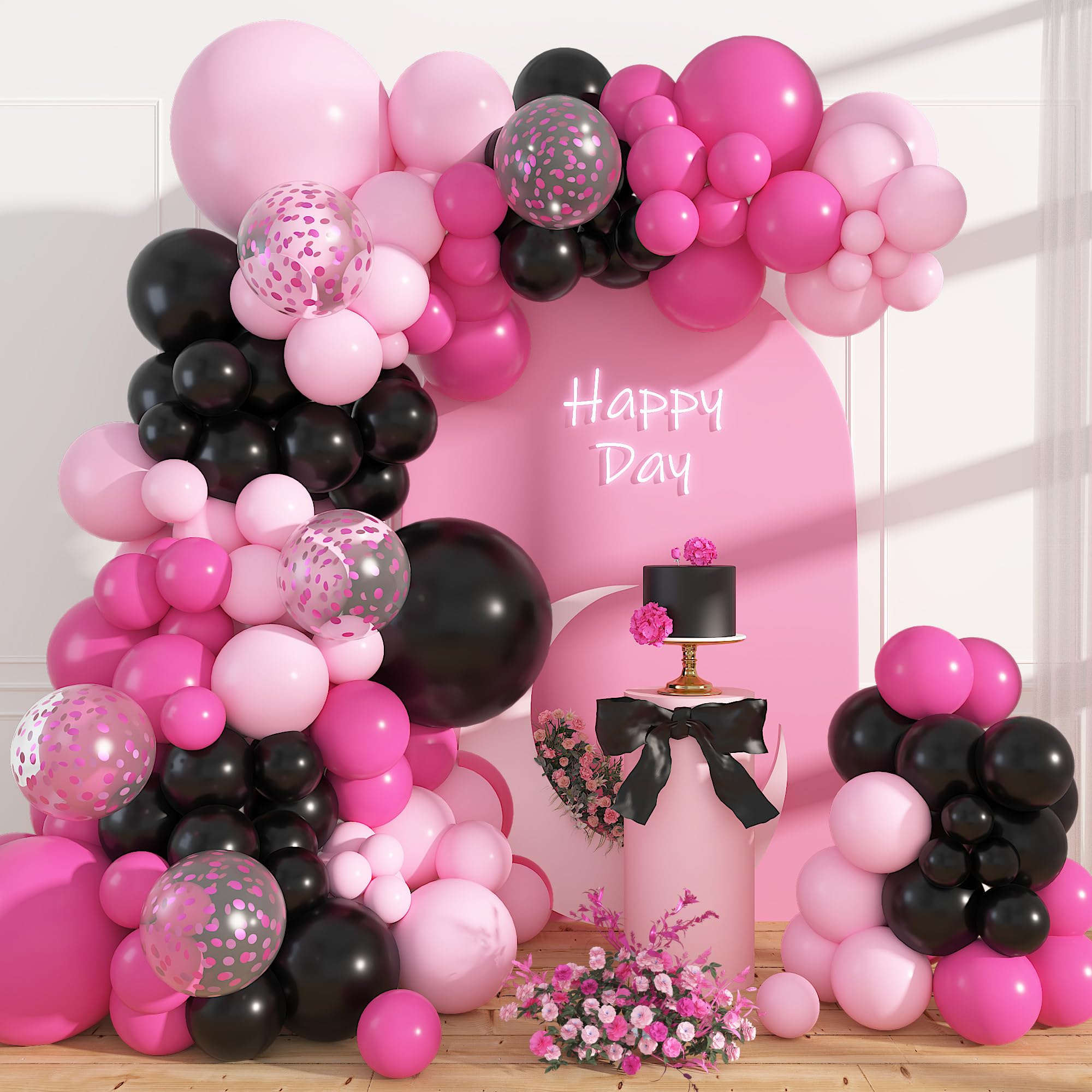 Photo 1 of 150pcs Hot Pink Black Balloon Arch Kit Party Decorations 18 12 10 5In Different Size Color Latex Confetti Balloons for Women Girl Birthday Bridal Baby Shower Wedding Party Supplies