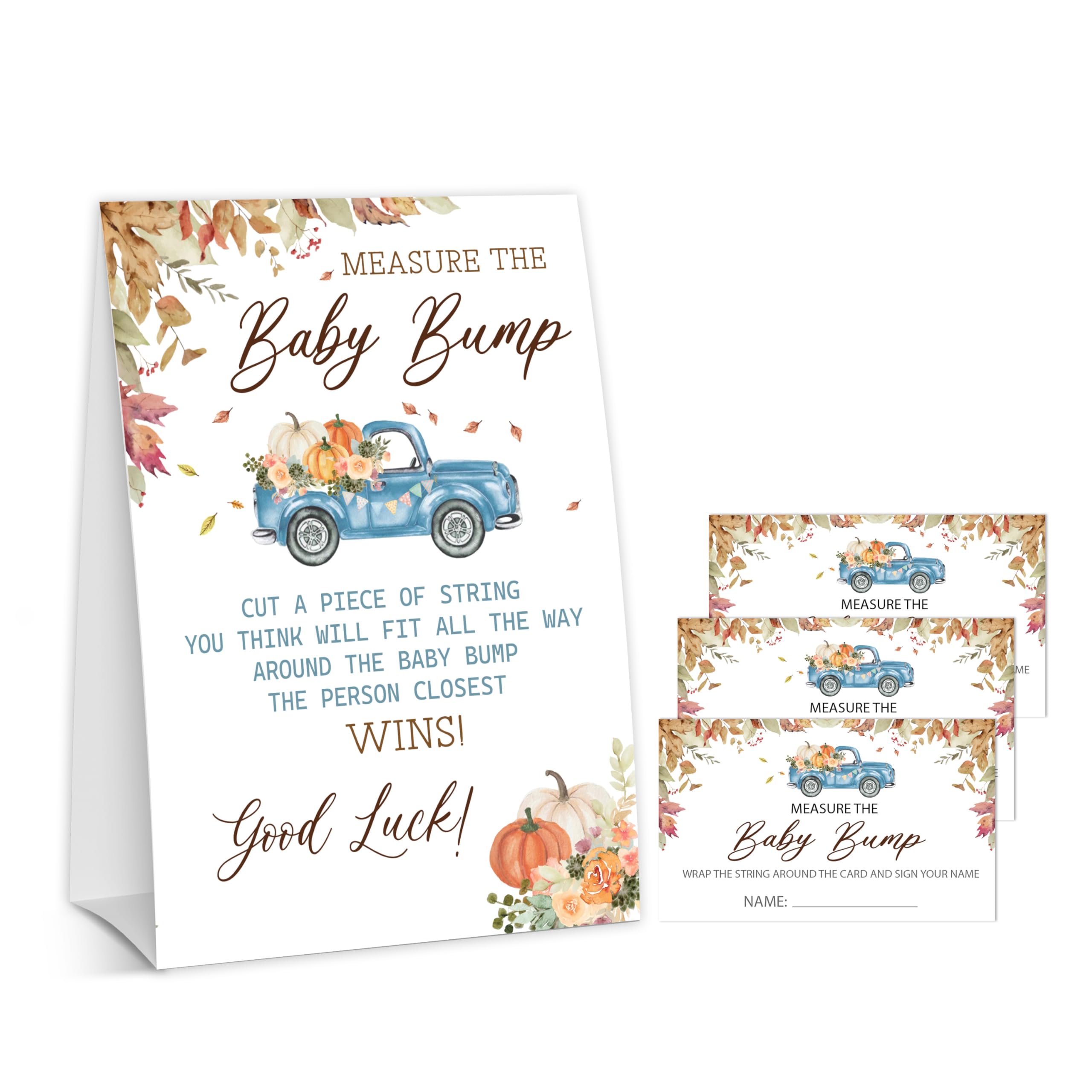 Photo 1 of Cazhes Thanksgiving Baby Shower Measure The Baby Bump, 1 Self-Standing Sign + 50 Tickets for Pumpkin Truck Gender Reveal Baby Announcement Party Favor Supplies - C03