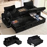 KCGKCG 81" Sectional Sleeper Sofa Bed with Storage Chaise &amp; USB Charging, Plush Corduroy L-Shaped Pull Out Couch Bed, Modular Sectional Sofa Couches for Living Room Bedroom, Black