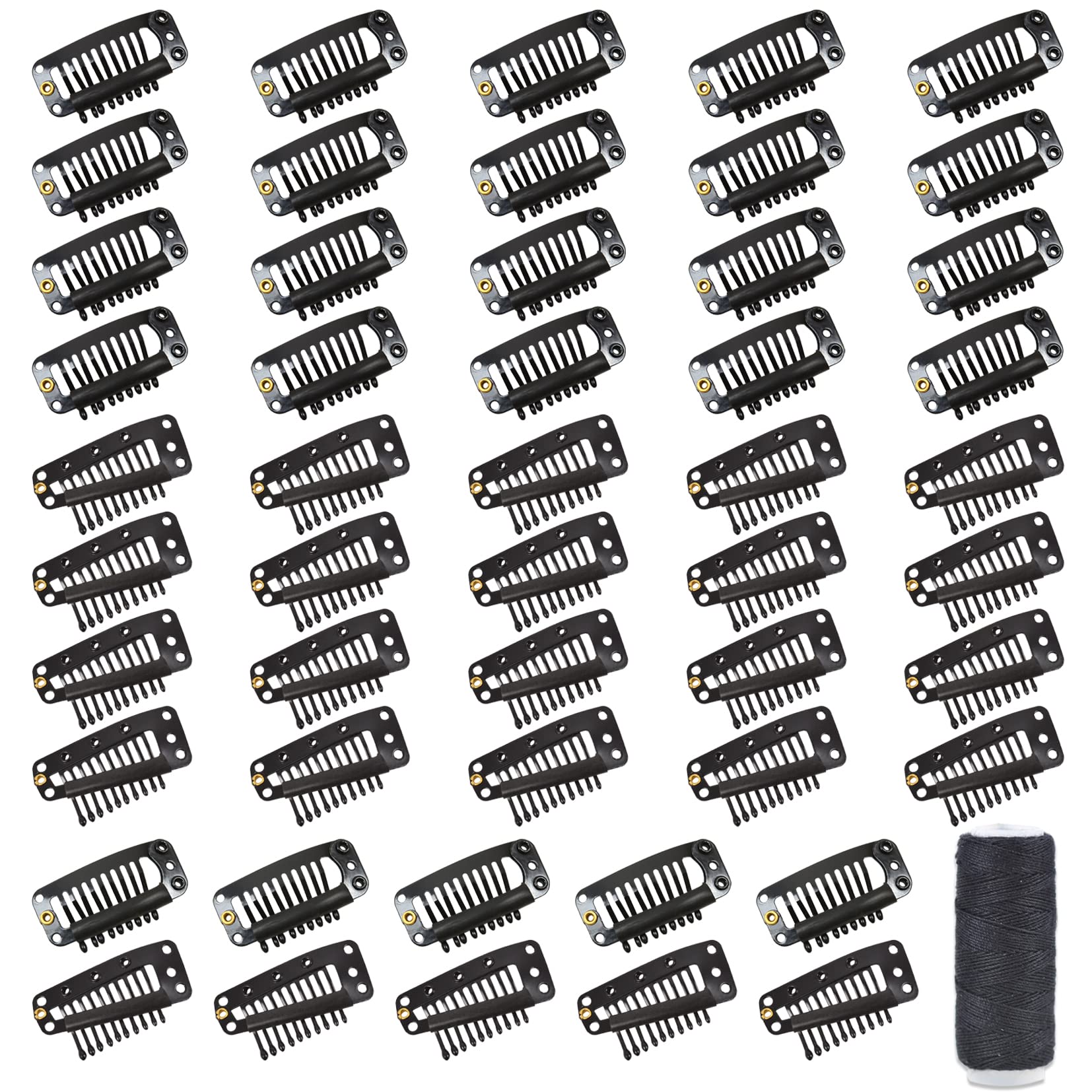 50 Pcs Wig Clips 9 teeth and 10 Teeth Hair Extension Clips with Metal Snap for Hair Extensions (32mm+36mm Black)