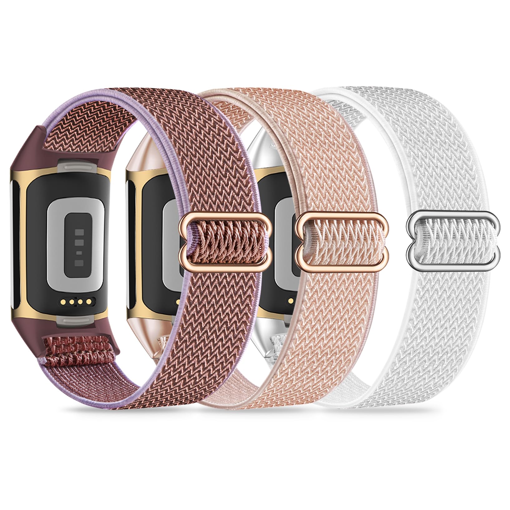 Wizvv Pack of 3 Elastic Wristbands Compatible with Fitbit Charge 5/6, Breathable, Adjustable, Stretchy Nylon Replacement Strap for Men and Women