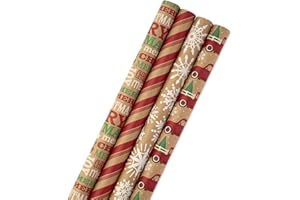 Hallmark Christmas Wrapping Paper Bundle with Cut Lines on Reverse, Kraft (Pack of 4, 88 sq. ft. ttl) Red Trucks, Snowflakes, Stripes, Merry Christmas (5JXW1038)
