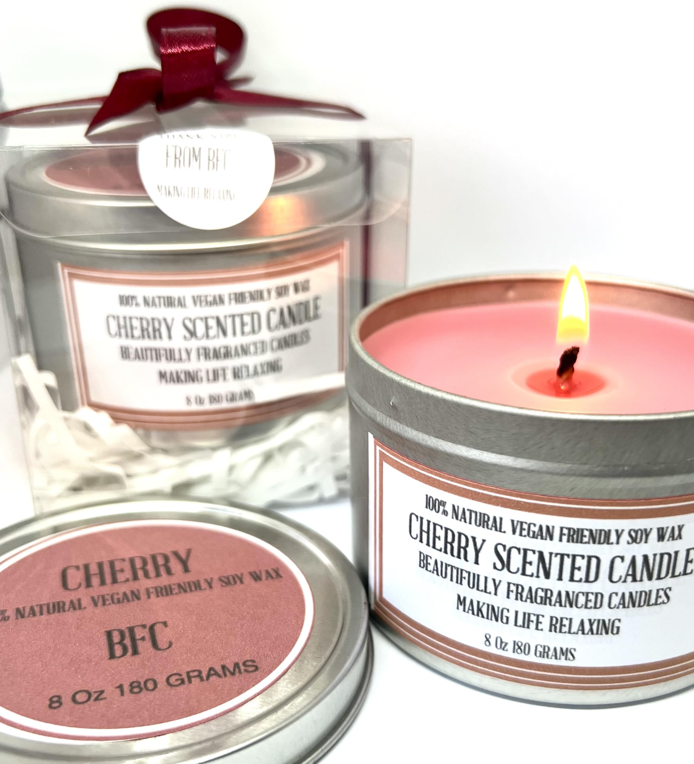 Cherry Scented Soy Wax Candle - Handmade BFC - Cherry Scented 36 Hours Burn Time 8 Oz 180 Grams Soy Wax Candle Silver Brush Finish Tin. Cherry Scented