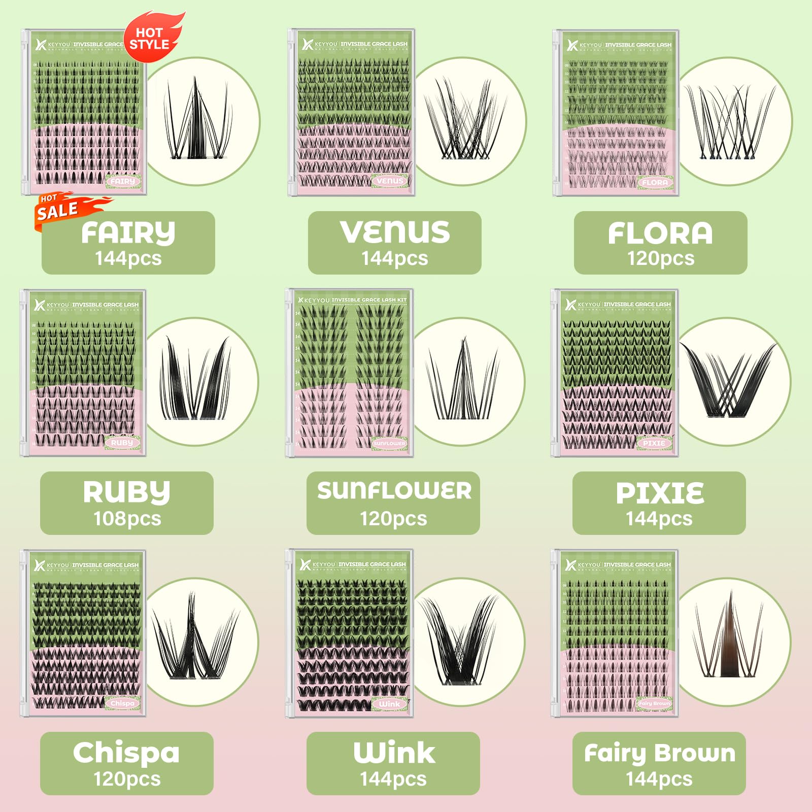 KEYYOU Fairy Lash Clusters Kit, Manga Eyelash Extension Kit at Home, D Curl, Wispy Natural Invisible Band Lash with Waterproof DIY, Fairy-D-8-18MIX, 144 pcs