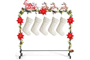 Yoochee Christmas Stocking Holder Stand for Floor - 10 Detachable Hooks - Black Metal Freestanding Stocking Holder Hanger Rack Stand with Lights - 35.4’’ L x 38.6’’ H - Fun Farmhouse Holiday Decor