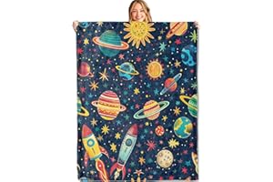 MIEPOS Space Adventure Throw Blanket,50x60in,Soft,Lightweight Flannel,Planets and Rockets Blue Blankets - Gifts for Kids Boys,for Bedtime or Playtime Couch Office Travel,Home Living Room Bed Decor