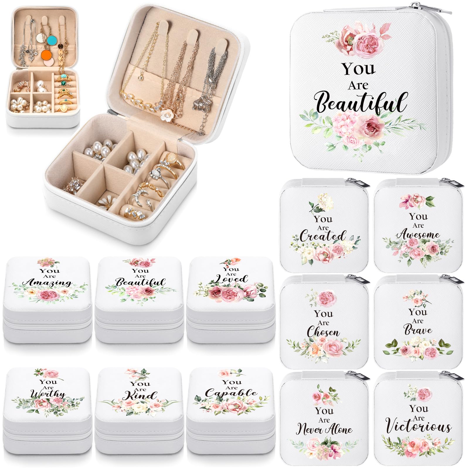 Photo 1 of Kacctyen 24 Pcs Mini Travel Jewelry Case Bulk You Are Beautiful Loved Pink Rose Mother's Day Church Gift for Secretary Women Party Favors Girls Leather Travel Jewelry Case