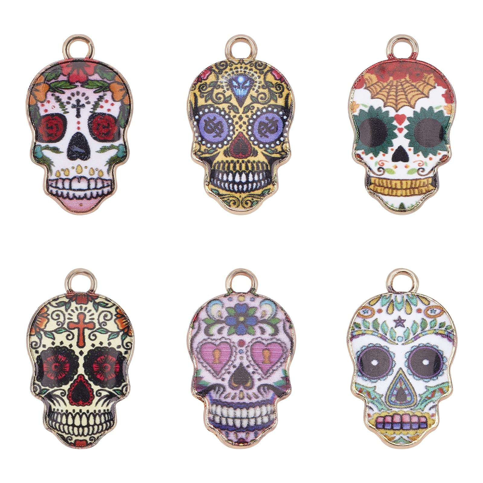 PandaHall PH 6 Colours Enamel Skull Charms, 36pcs Halloween Pendant Charms Skull Beads for Jewellery Making Necklaces, Bracelets, Earrings