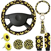 Tallew 8 Pcs Cute Sunflower Car Interior Accessories Set Universal 14-15 Inch Sunflower Steering Wheel Cover Yellow Keychain for Women Handbrake Cover Gear 2 Cup Holder Coasters 2 Air Vent Clip