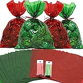 Cellophane Treat Bags 100 pcs Mix Holiday Colors (6x9 In) | Colorful Cello Bags with Twist Ties, 2.5 Mil Quality Green & Red