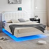 dainslef Bed Frame, Full Size Floating Platform Bed Frames with Upholstered Button-Tufted Adjustable Headboard, RGB LED Lights, No Box Spring Needed, Easy Assembly, White.