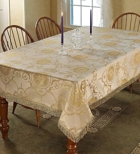 Violet Linen Prestige Damask Design Tablecloth, 60" x 120", Beige