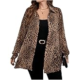 WDIRARA Women's Plus Size Leopard Print Sheer Blouse Button Front Long Sleeve Shirt